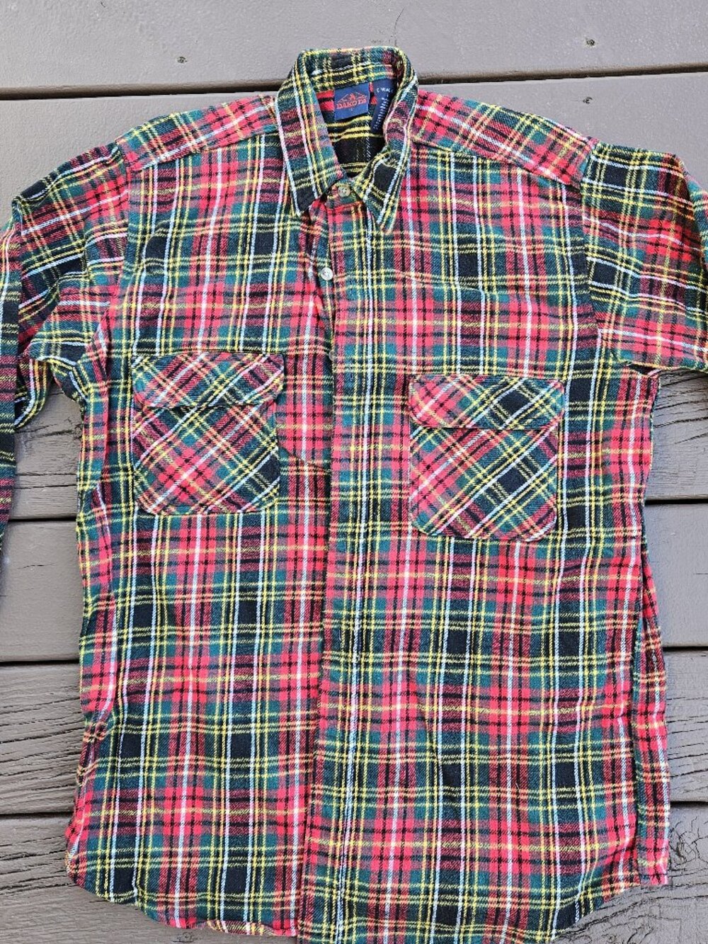 Vintage Men's 1990s Dakota Red, Green, & Yellow Plaid Flannel Shirt - Size Large